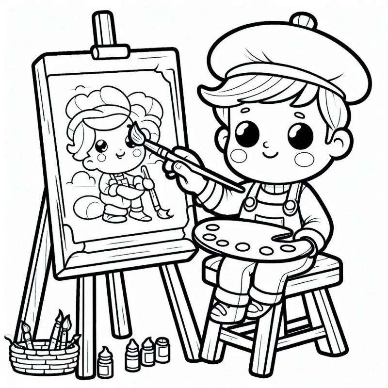 Desenho de criança artista pintando no cavalete para colorir