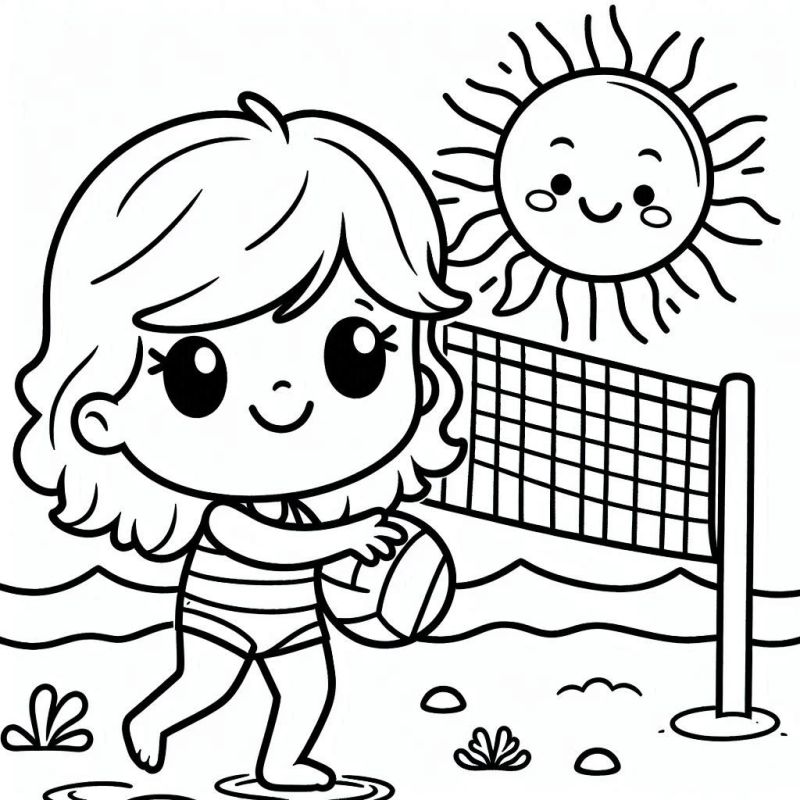 Desenho de Criança com Bola na Praia para Colorir