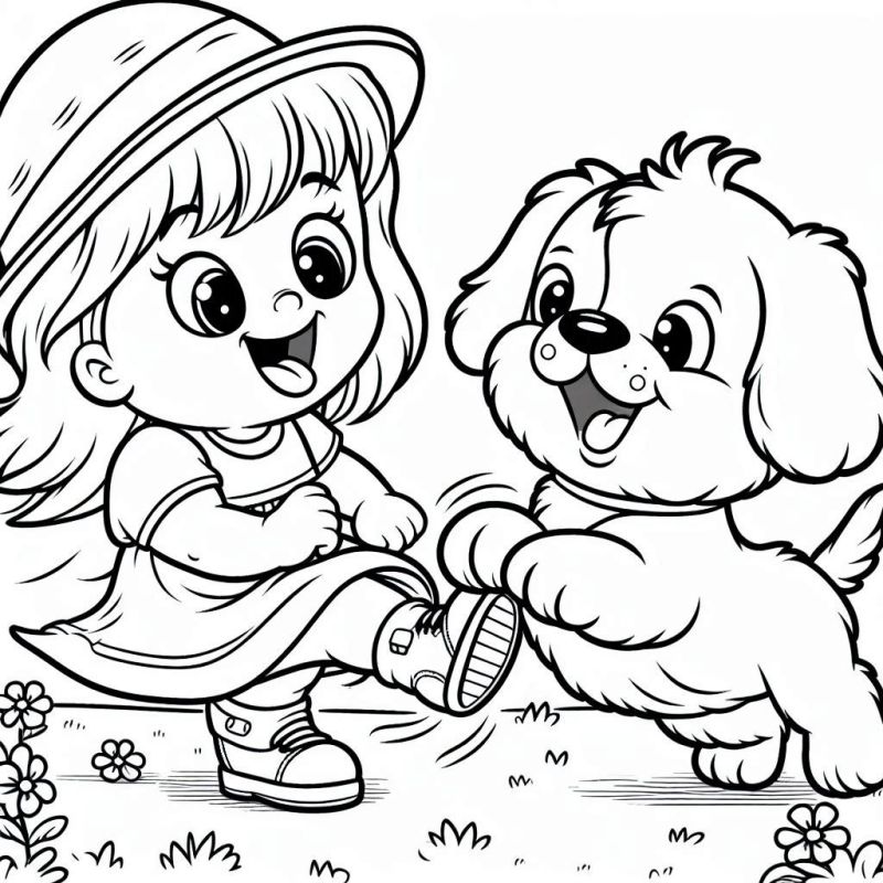 Desenho de Criança e Cachorrinho Brincando para Colorir