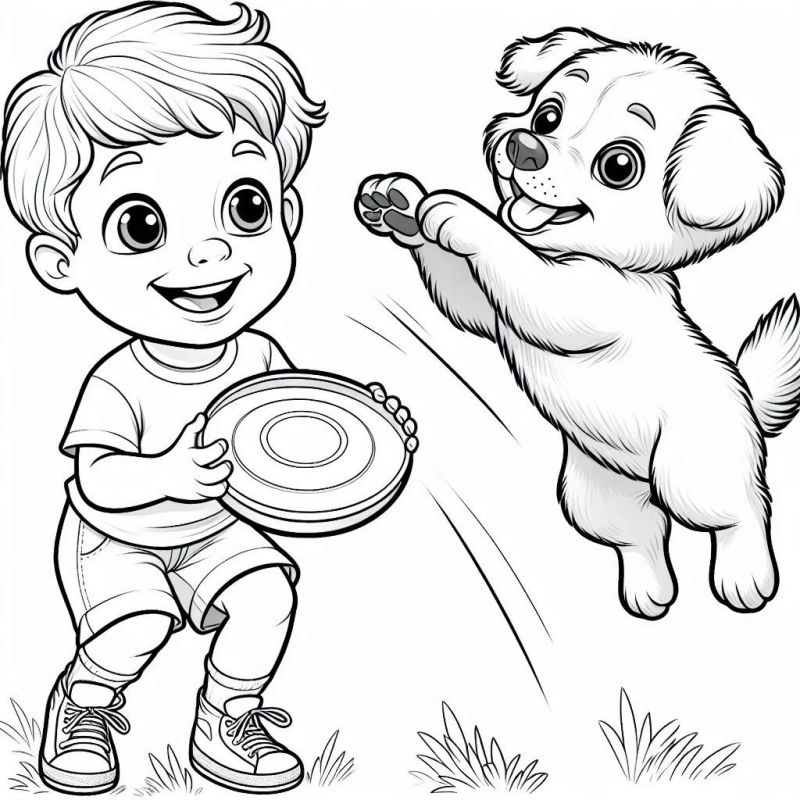 Desenho detalhado de uma criança e um cachorro brincando ao ar livre para colorir