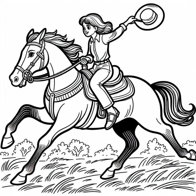 Desenho para Colorir de Criança Cavalgando um Cavalo no Campo da Fazenda