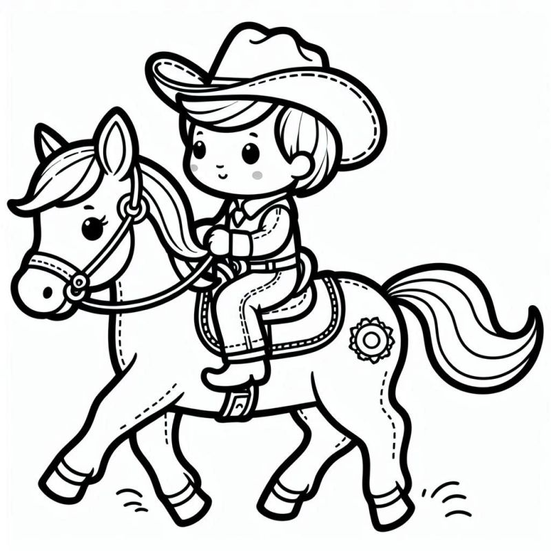 Desenho de criança cowboy em cavalo para colorir