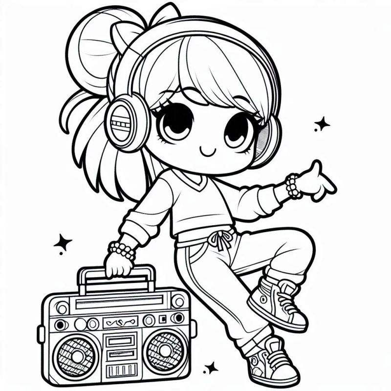 Desenho de uma criança dançando com um boombox para colorir