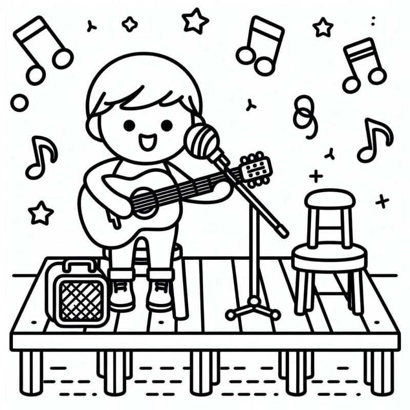 Desenho para colorir de uma criança tocando violão com microfone e amplificador no palco