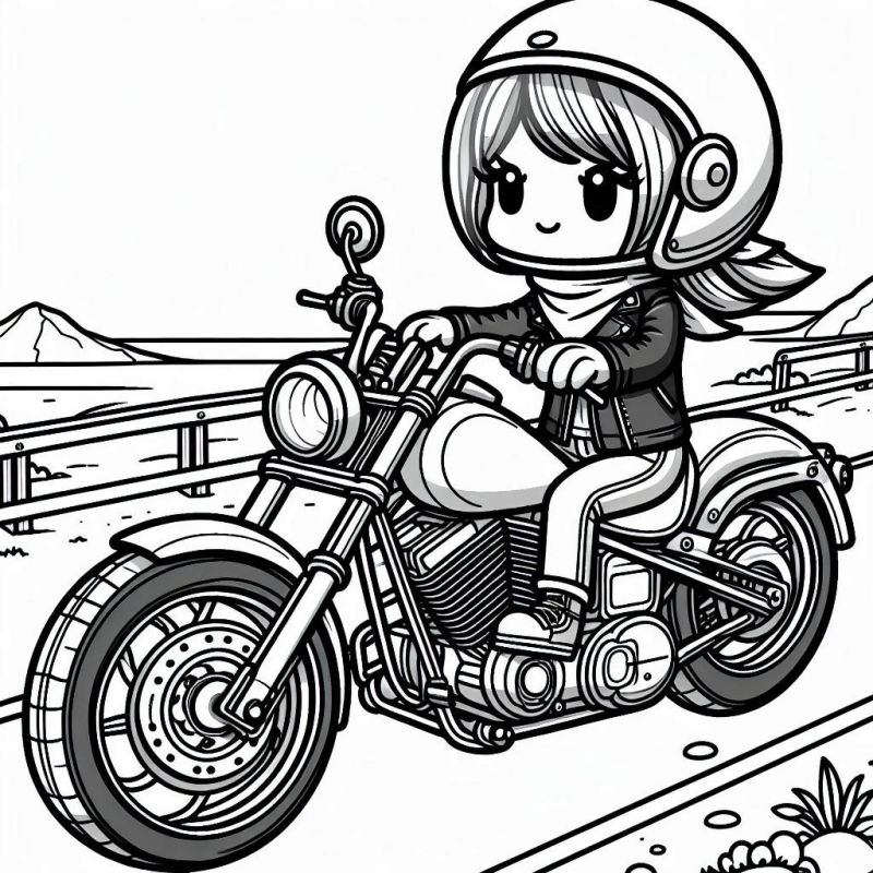 Criança feliz pilotando motocicleta em estilo cartoon para colorir