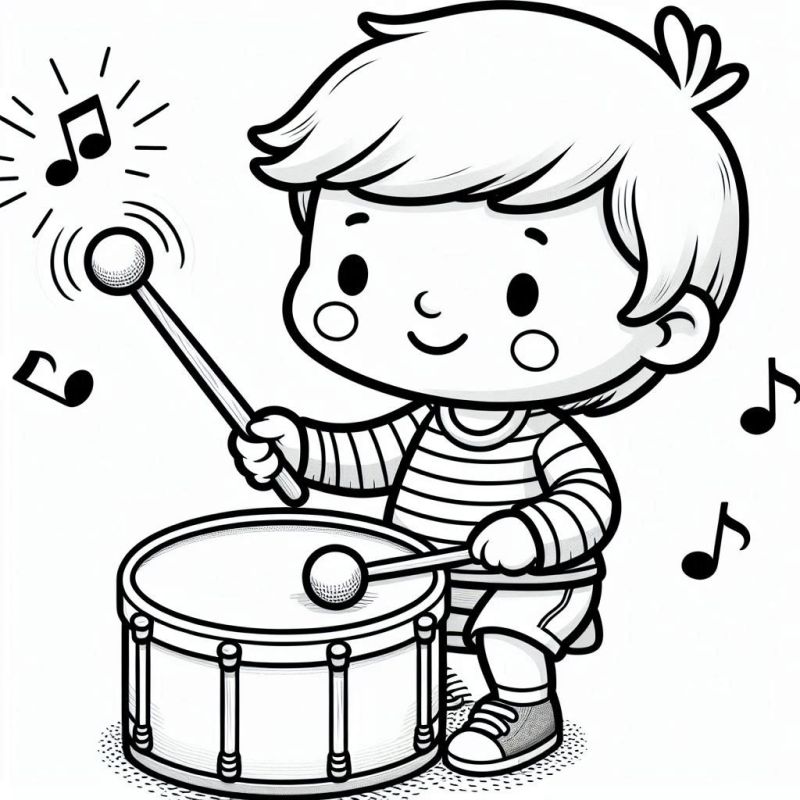 Desenho de Criança Tocando Tambor para Colorir e Imprimir