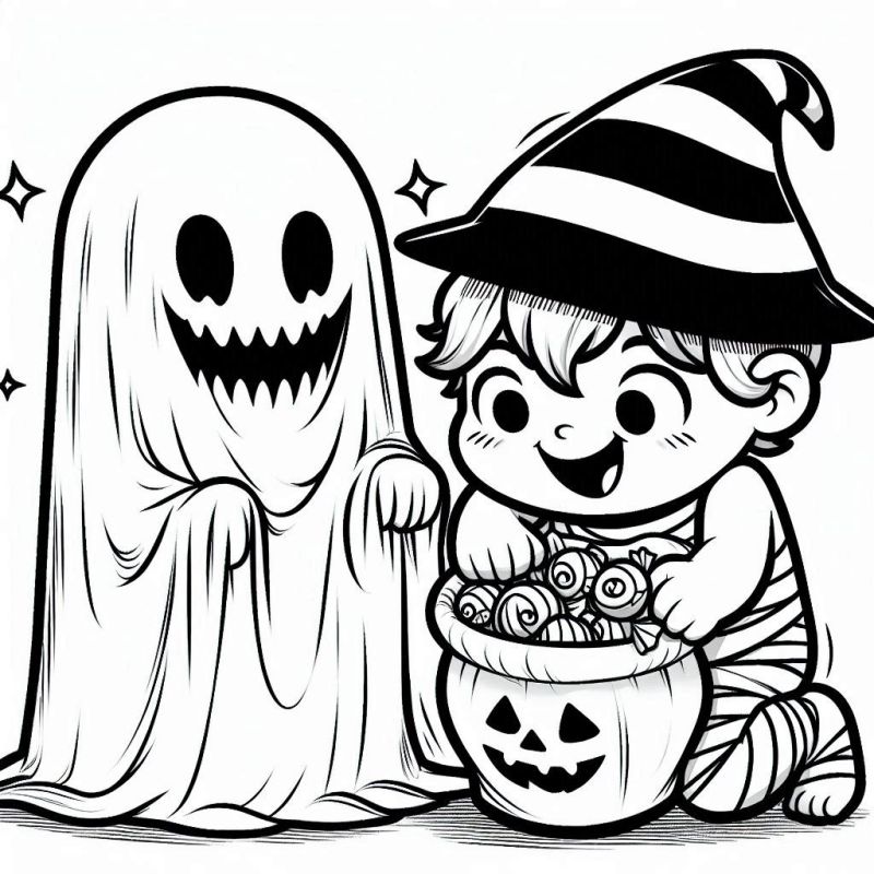 Desenho para Colorir: Criança Fantasiada e Fantasma Alegre