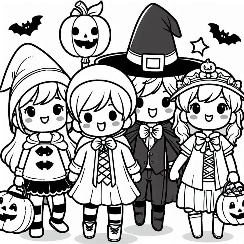 Desenho para Colorir de Crianças Fantasiadas no Halloween