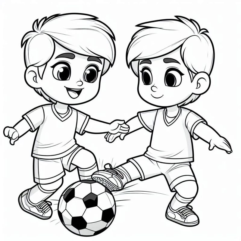 Desenho para colorir de duas crianças felizes jogando futebol