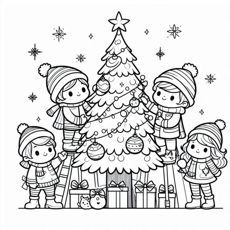 Desenho para Colorir: Crianças Decorando a Árvore de Natal