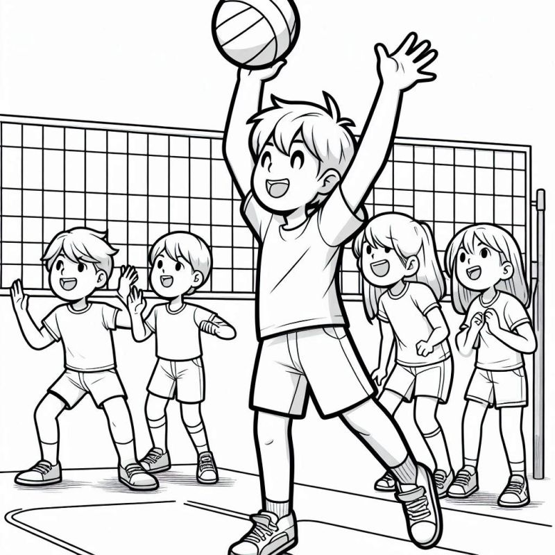 Desenho para colorir de crianças jogando vôlei em uma quadra