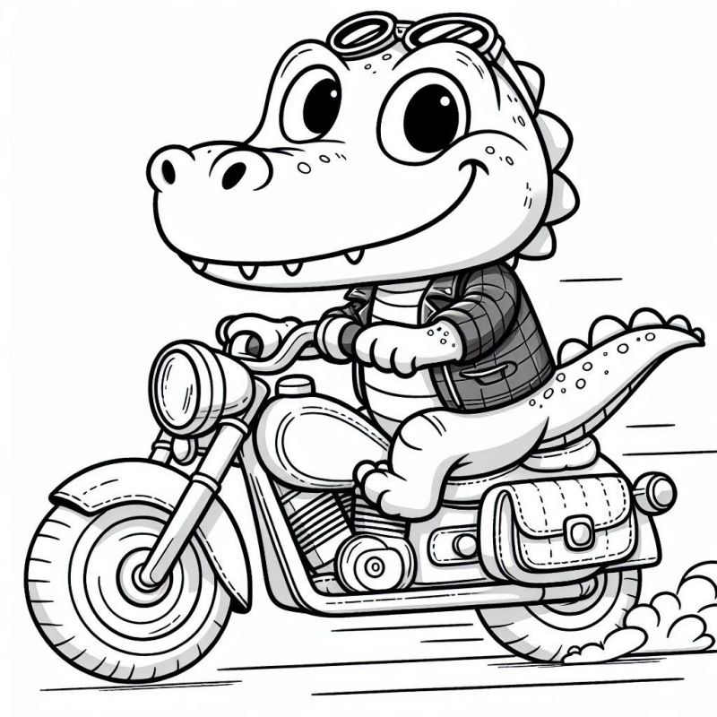 Crocodilo motociclista divertido para colorir em uma cena de aventura alegre