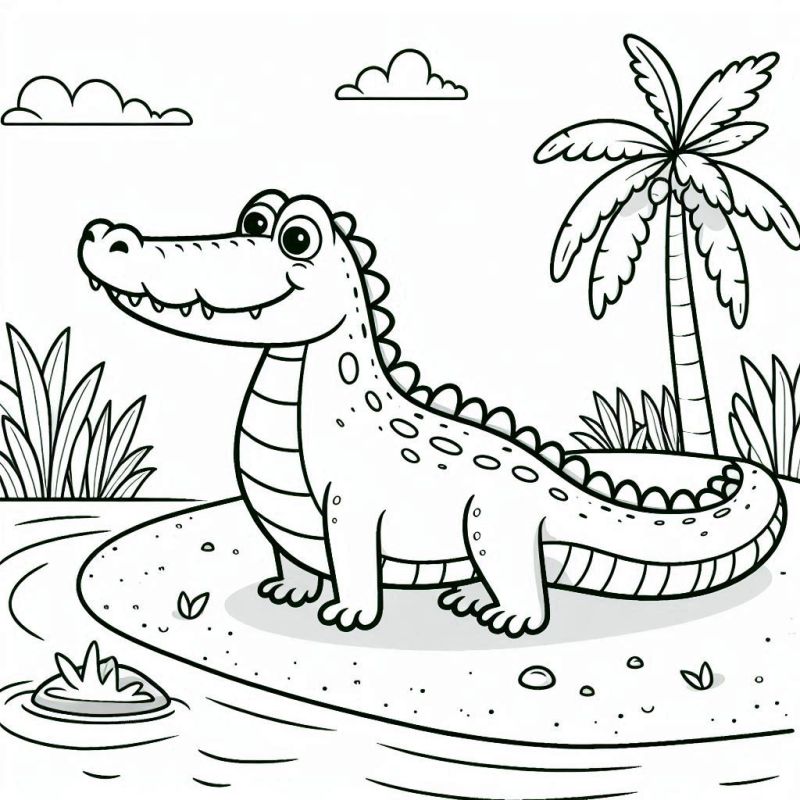 Desenho de crocodilo simpático em ambiente africano para colorir