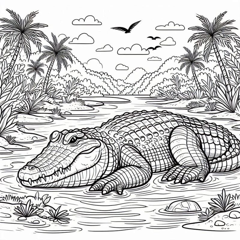 Desenho de crocodilo africano no rio com vegetação ao redor para colorir