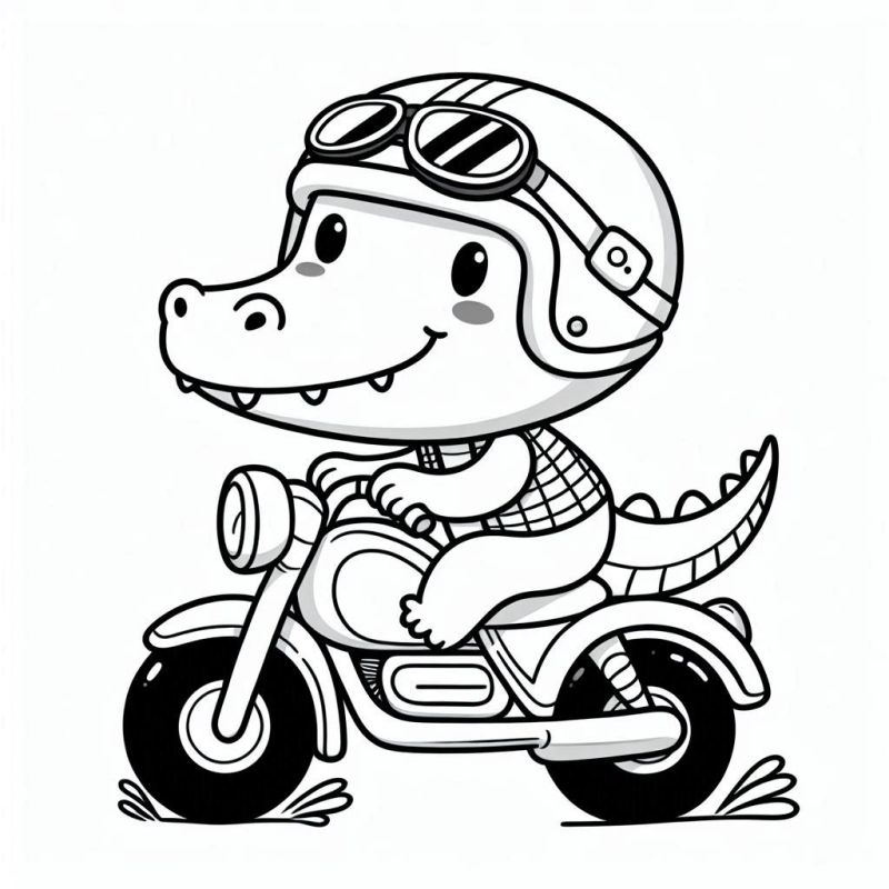 Desenho de Crocodilo Aventureiro em Moto para Colorir