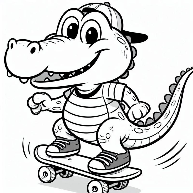 Desenho de Crocodilo Divertido no Skate para Colorir