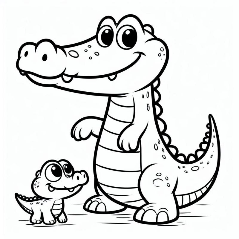 Desenho para colorir de um crocodilo adulto e um filhote