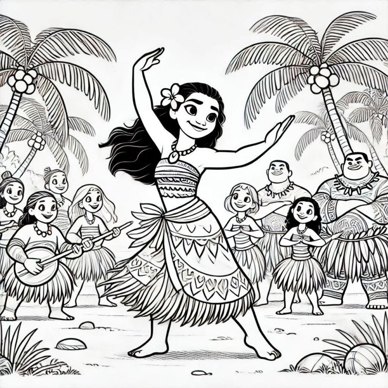 Dança Tradicional Polinésia: Desenho de Moana para Colorir