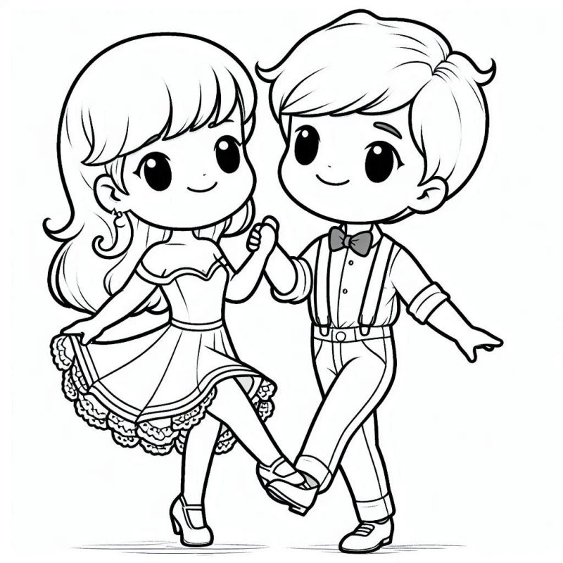 Desenho de dois personagens chibi dançando, para colorir.