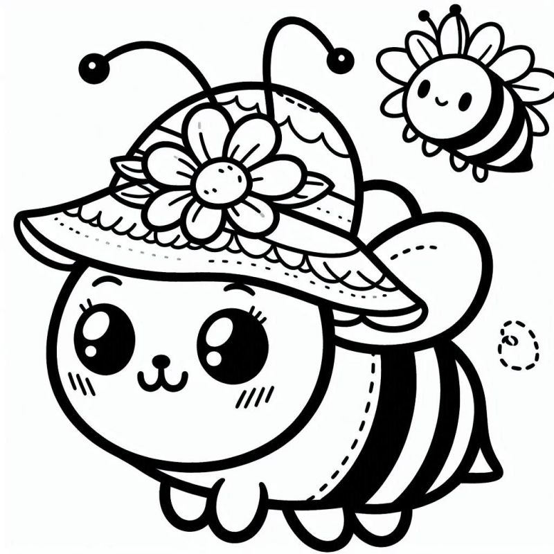 Desenho de abelha kawaii com chapéu e flor para colorir