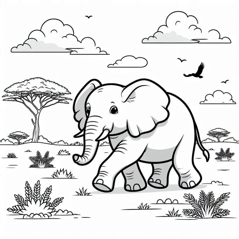 Desenho de Elefante na Savana Africana para Colorir