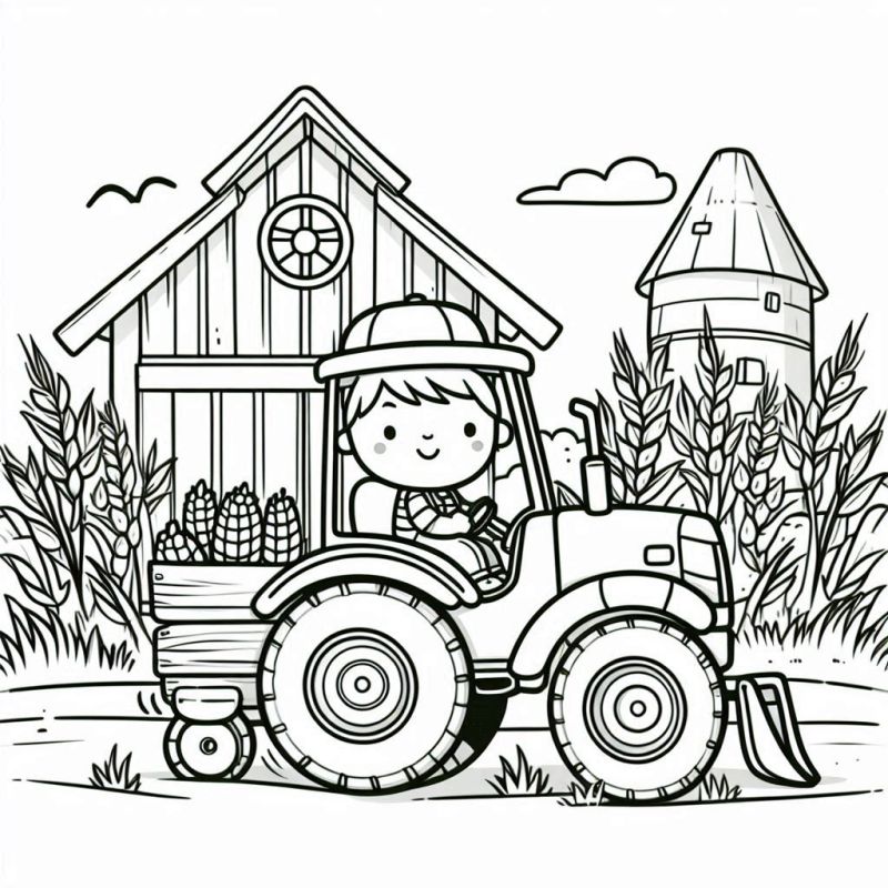 Desenho de Agricultor no Trator para Colorir