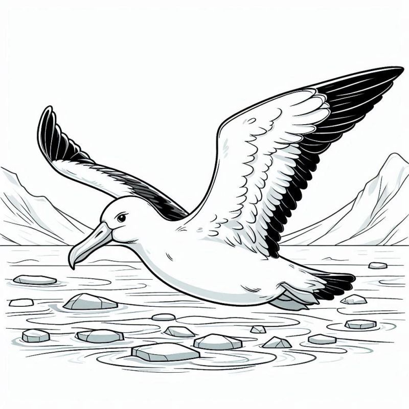 Desenho de albatroz voando sobre água gelada com montanhas nevadas ao fundo para colorir