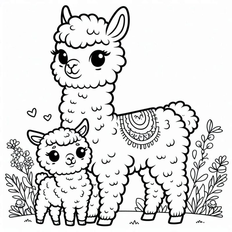 Desenho de Alpaca Mãe e Filhote para Colorir