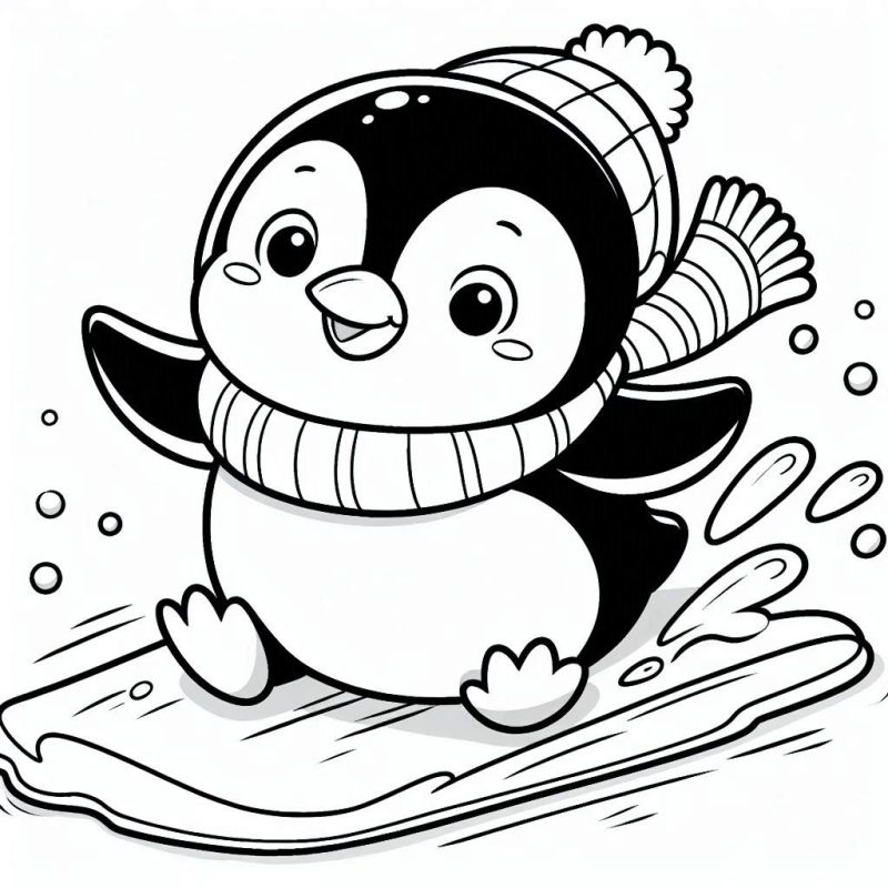 Desenho de pinguim feliz descendo montanha de neve para colorir