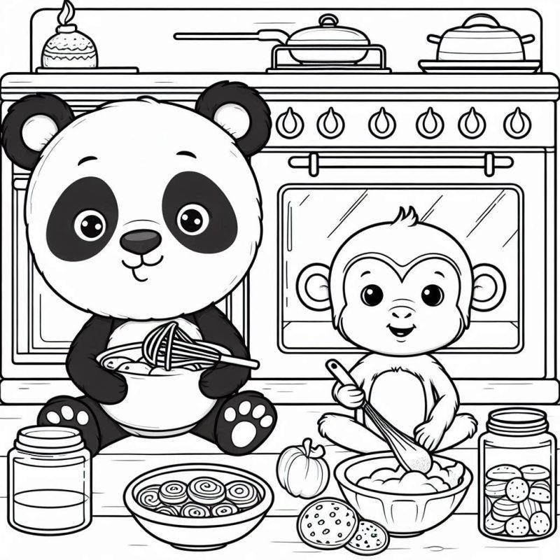 Panda e Macaco na Cozinha: Um Desenho para Colorir e Se Divertir