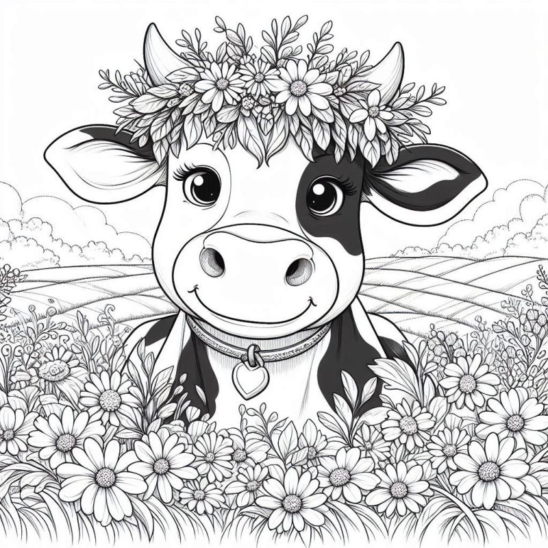 Desenho de Vaca Amigável com Flores para Colorir