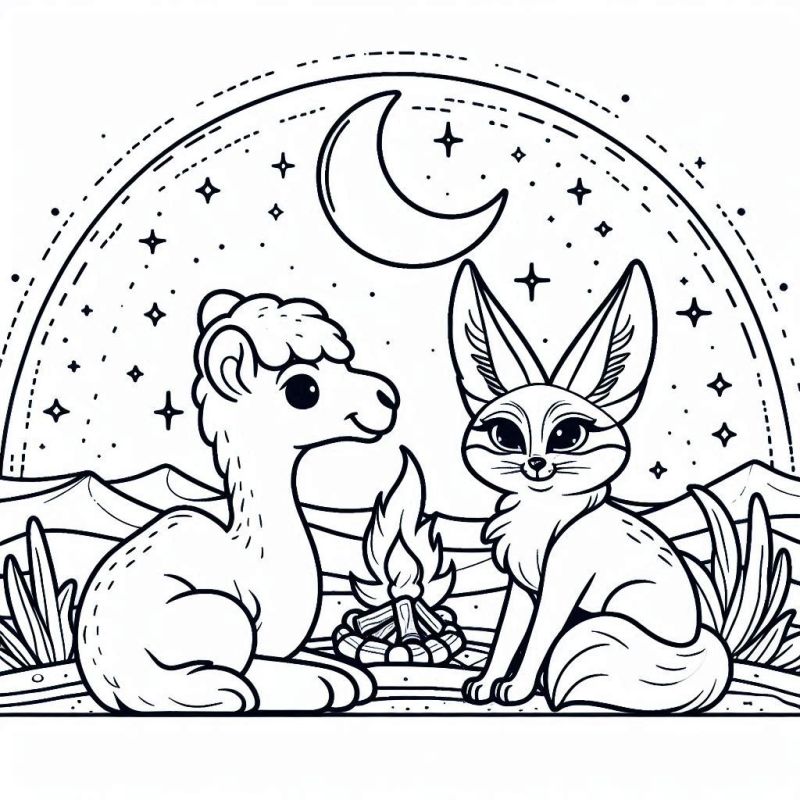 Desenho de uma lhama e um fennec sob a luz da lua ao redor de uma fogueira