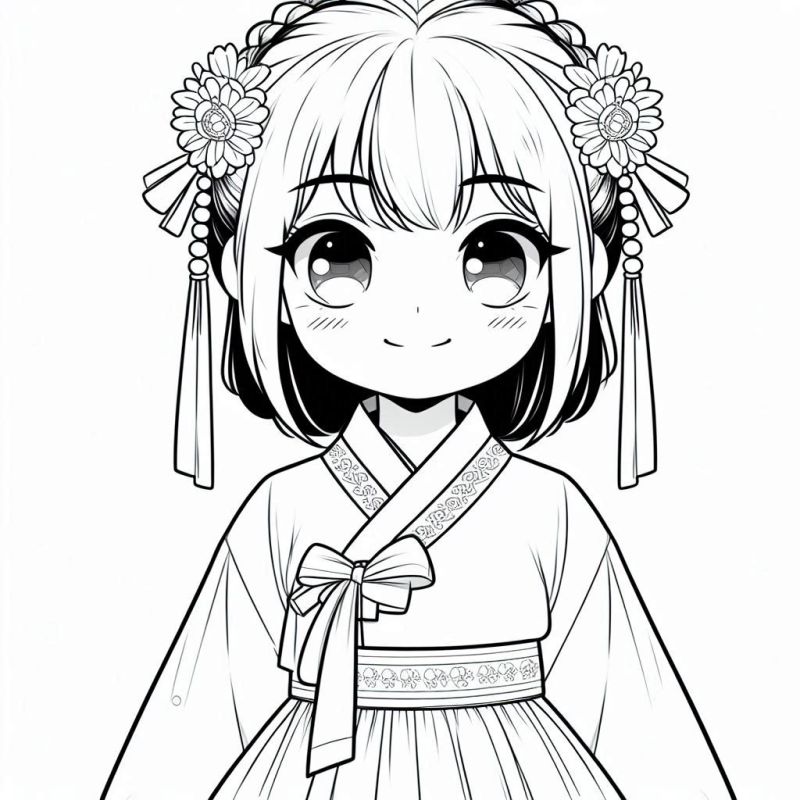 Jovem garota em hanbok estilo anime para colorir