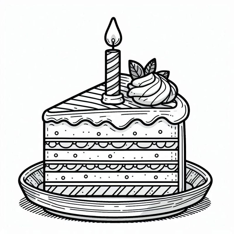 Desenho de pedaço de bolo de aniversário detalhado para colorir com vela e decorado