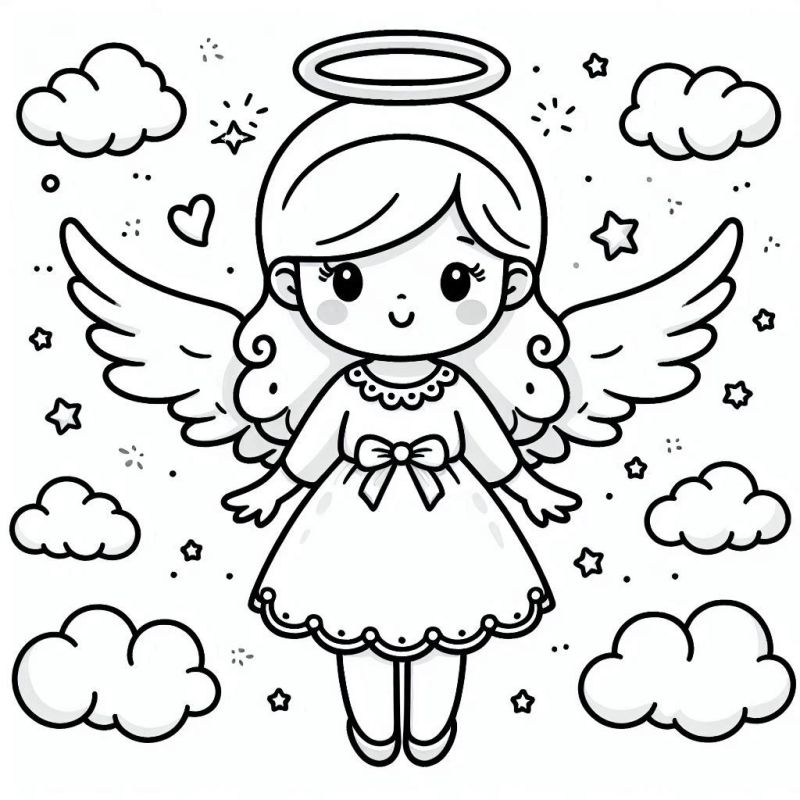 Desenho de Anjo Infantil com Nuvens para Colorir