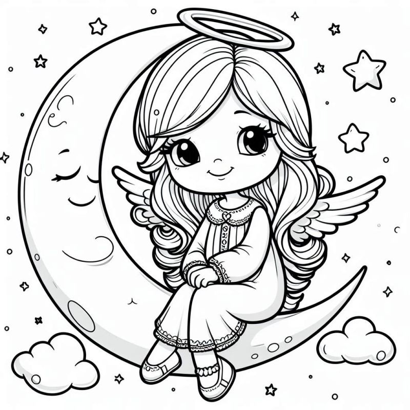 Desenho de Anjo Sentado na Lua para Colorir