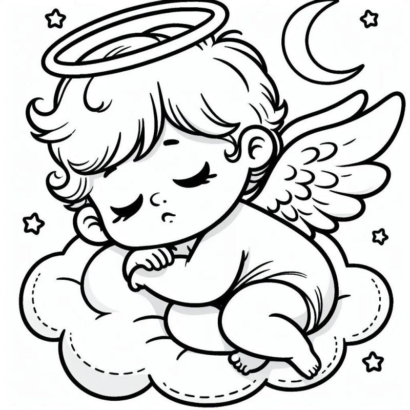 Desenho para Colorir: Bebê Anjo Dormindo