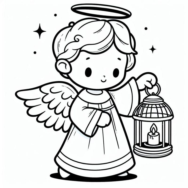 Desenho de anjo infantil com lanterna para colorir