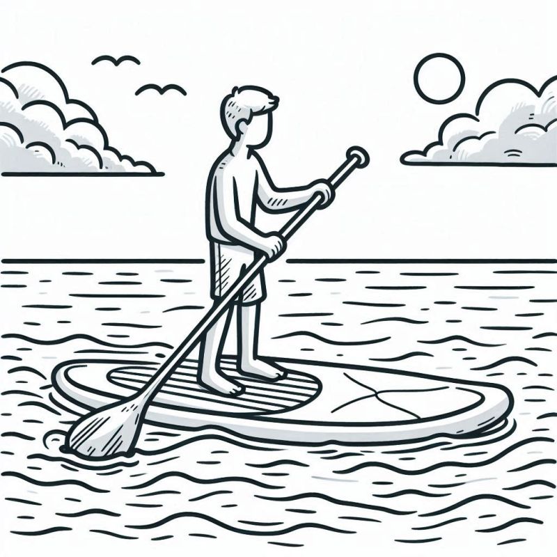 Desenho de Stand Up Paddle com jovem em prancha para colorir