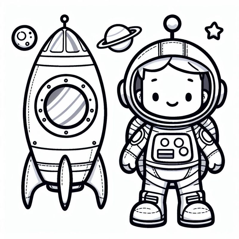 Desenho de astronauta ao lado de um foguete para colorir