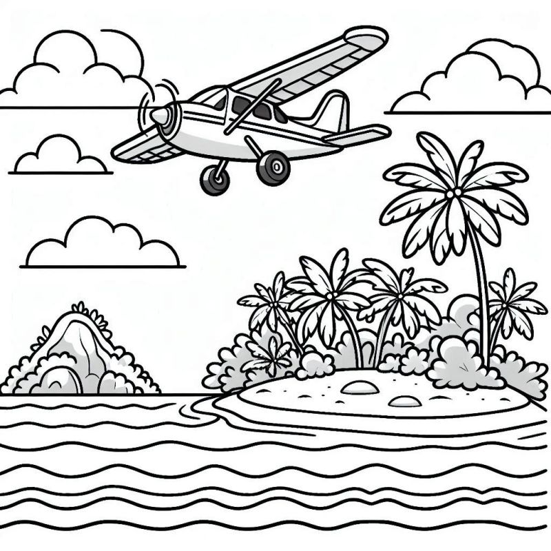 Desenho de Avião Voando sobre Ilha Tropical para Colorir