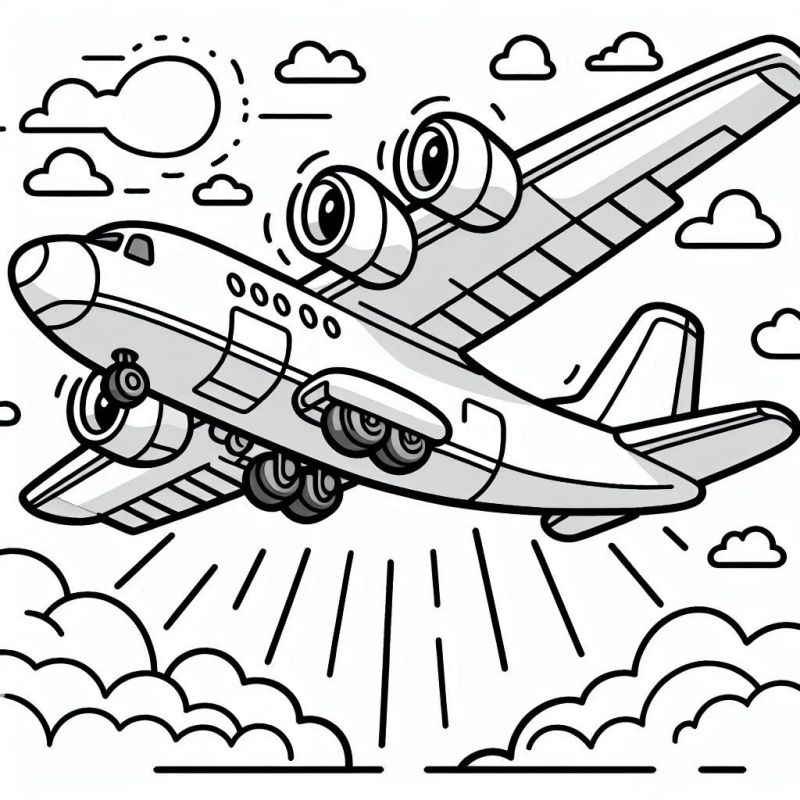 Desenho de Avião Alegre em Pleno Voo para Colorir