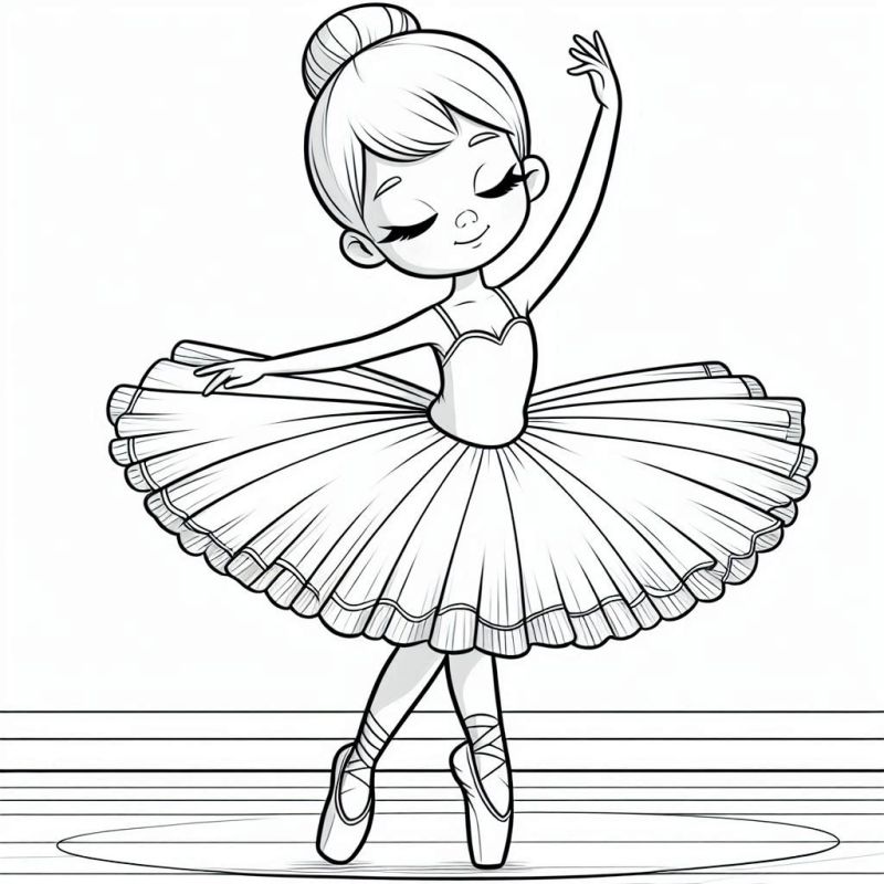 Desenho de uma jovem bailarina em uma pose clássica de balé para colorir