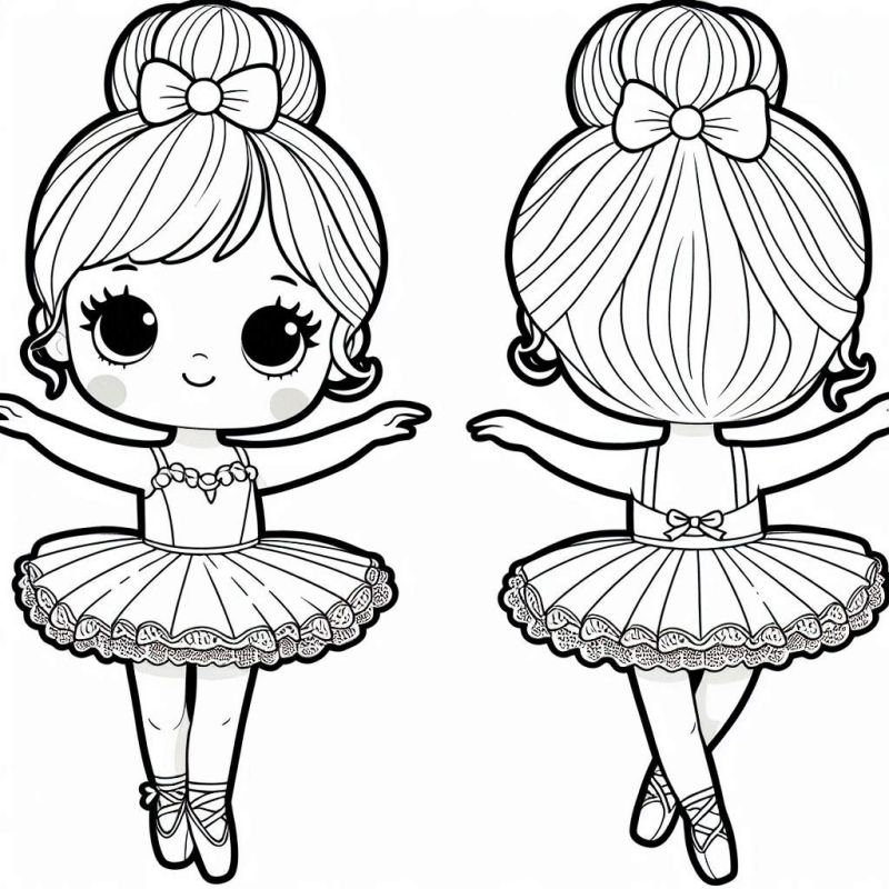 Desenho de uma Fofa Bailarina em Duas Posições para Colorir