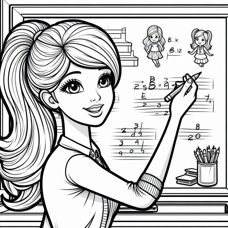 Desenho detalhado da Barbie na sala de aula com quadro branco pronta para colorir