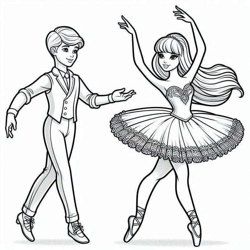 Desenho para colorir de Barbie bailarina e bailarino em pose de dança