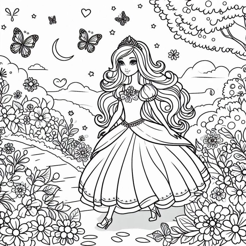 Desenho Encantador de Barbie em Cenário Bucólico para Colorir