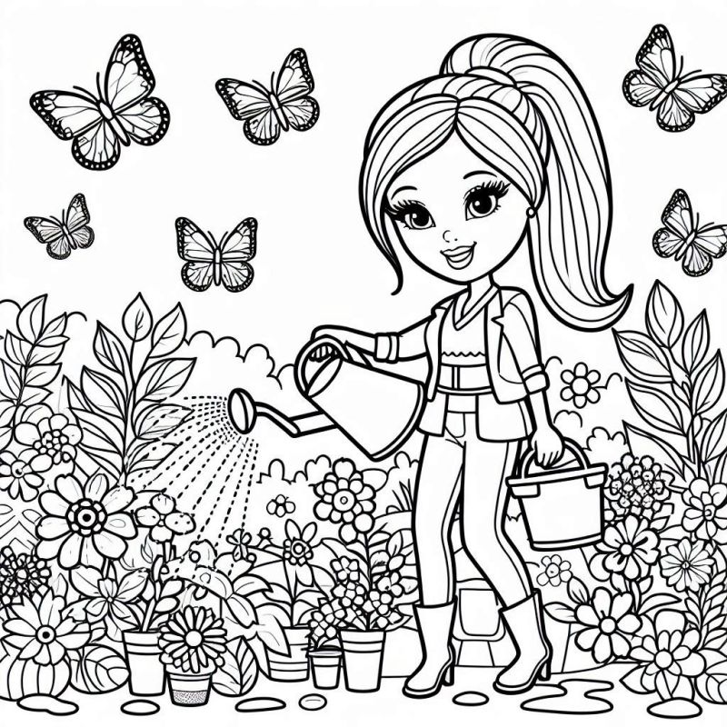 Desenho para colorir da Barbie regando flores em um jardim com cabelo em rabo de cavalo e botas