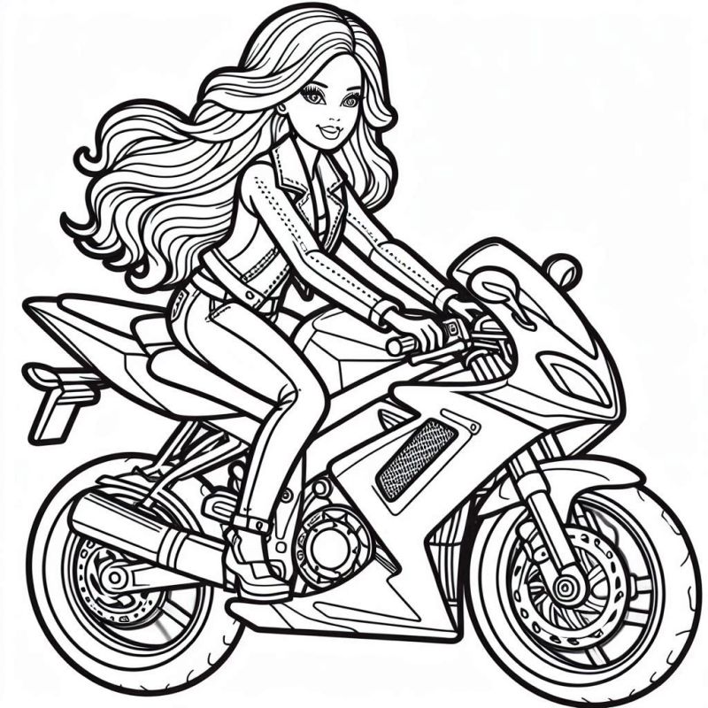 Desenho para colorir da Barbie pilotando uma motocicleta esportiva, esvoaçando seu cabelo e usando uma jaqueta de couro