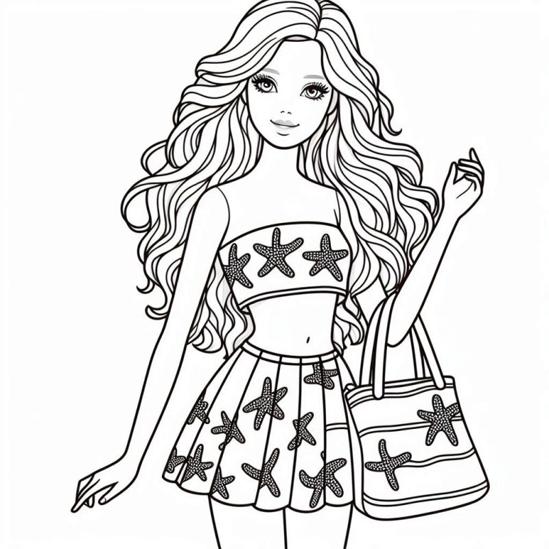 Desenho de Barbie na Praia para Colorir